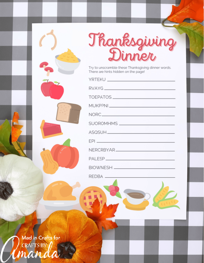 Thanksgiving word scramble printed out on grey checkered background