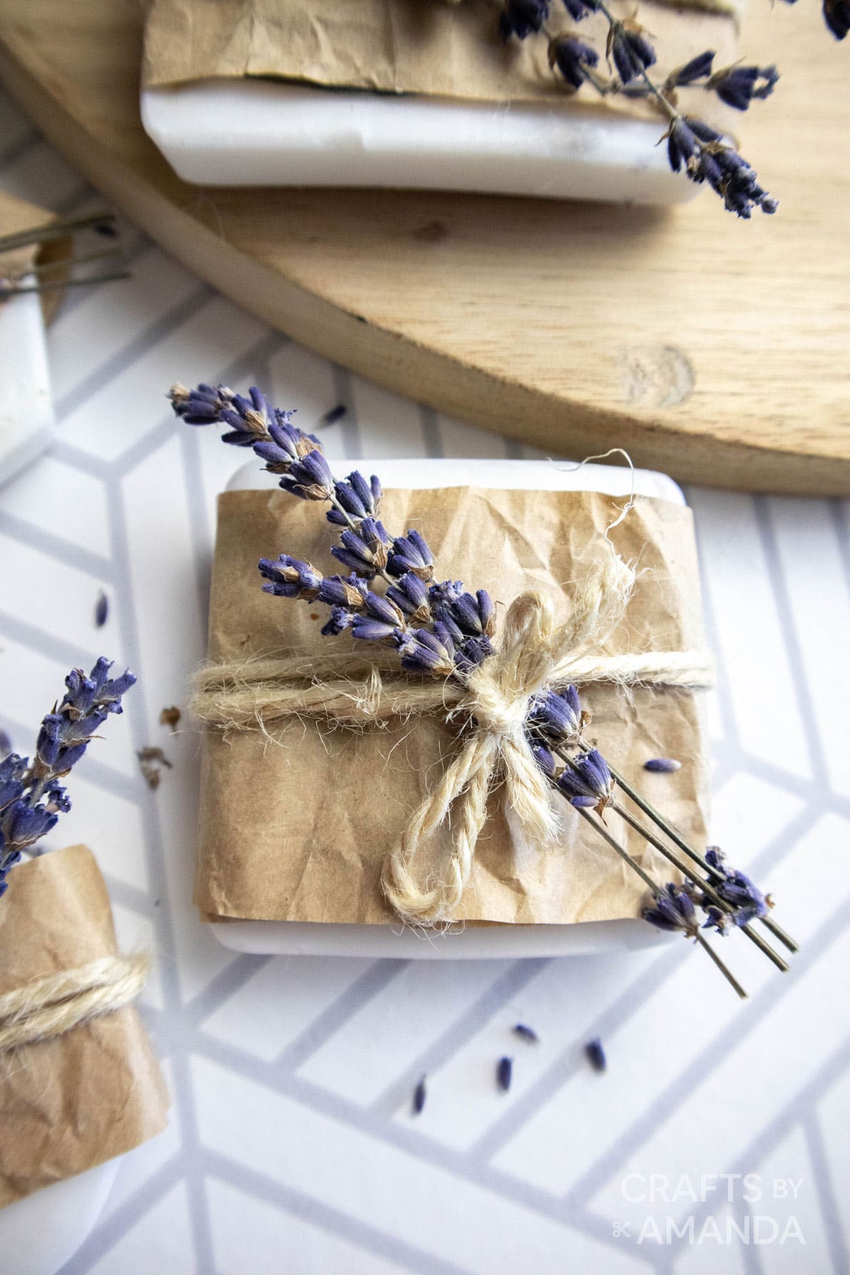 lavender soap wrapped in brown paper