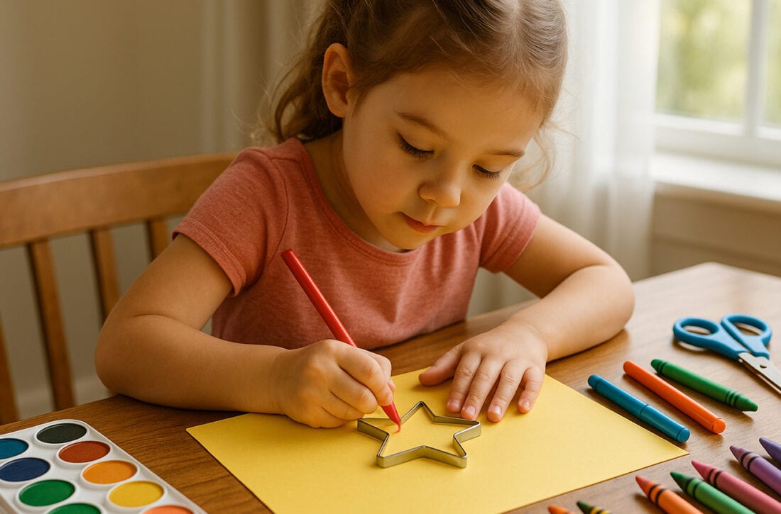 AI generated image of little girl drawing on a piece of construction paper with craft supplies around her