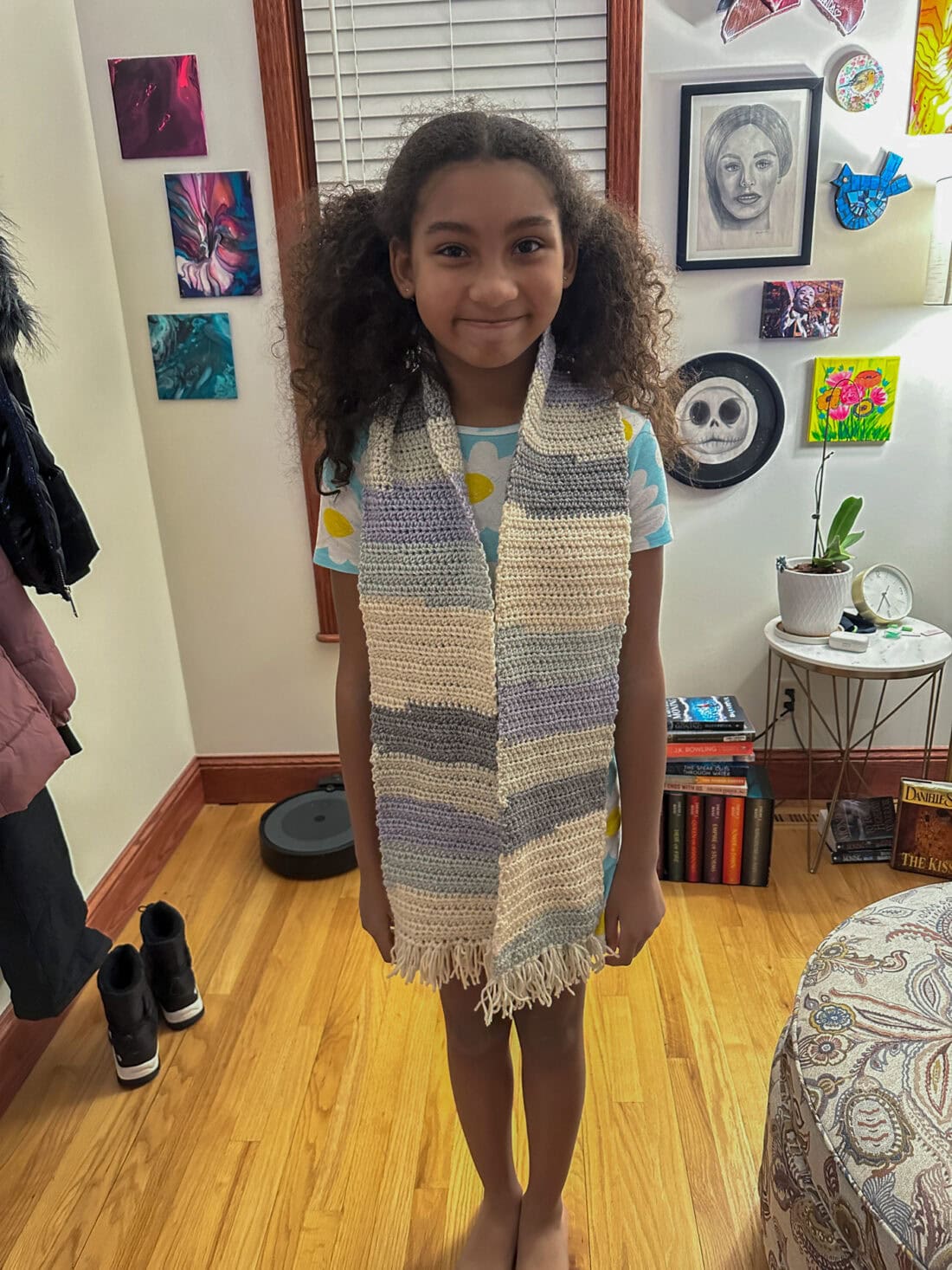 Kai wearing my crochet scarf