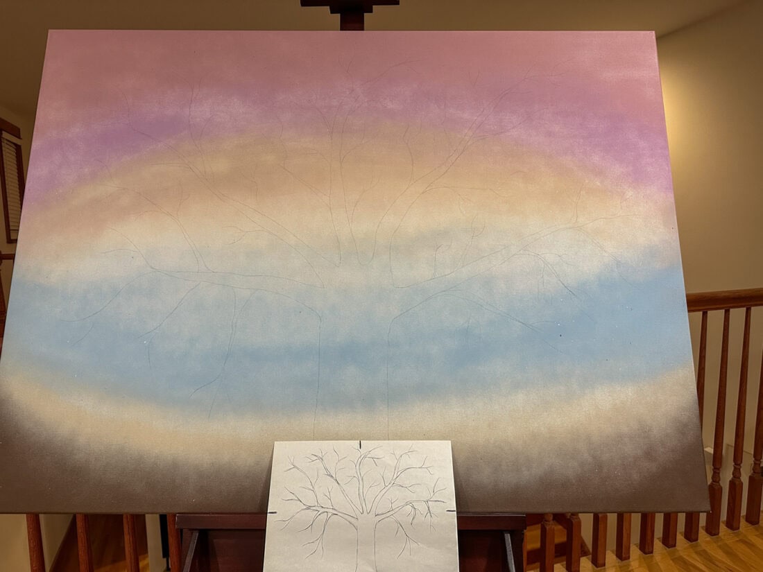 my background painted on canvas with my tree drawing