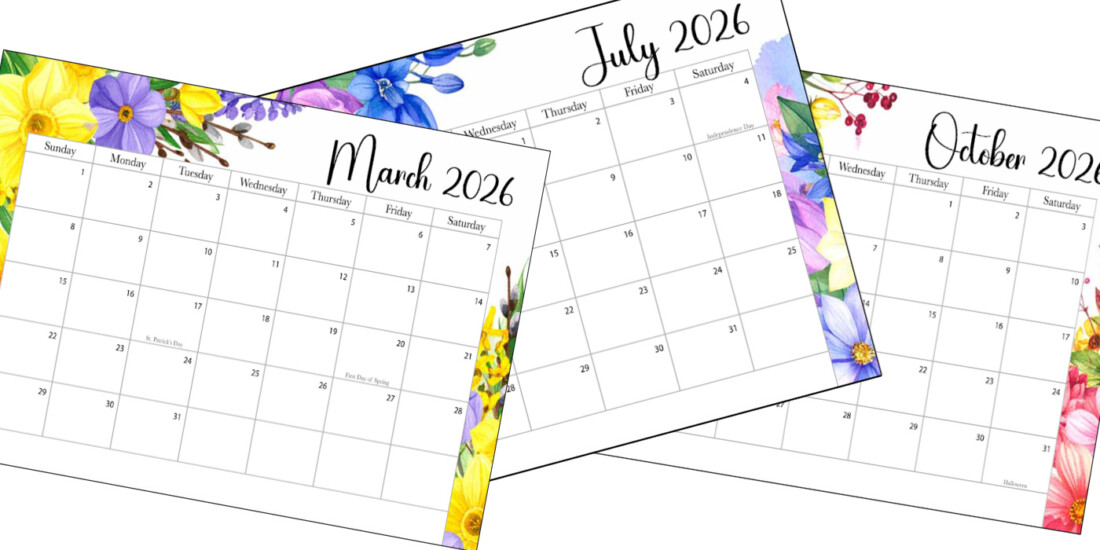 Horizontal image of floral printable calendars