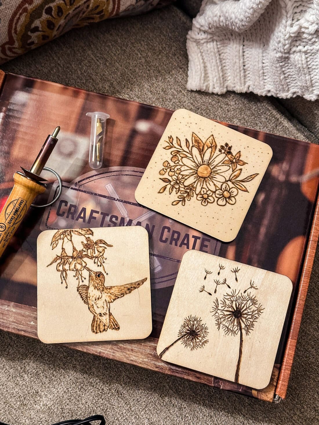 wood burning designs - flowers, birds, dandelions